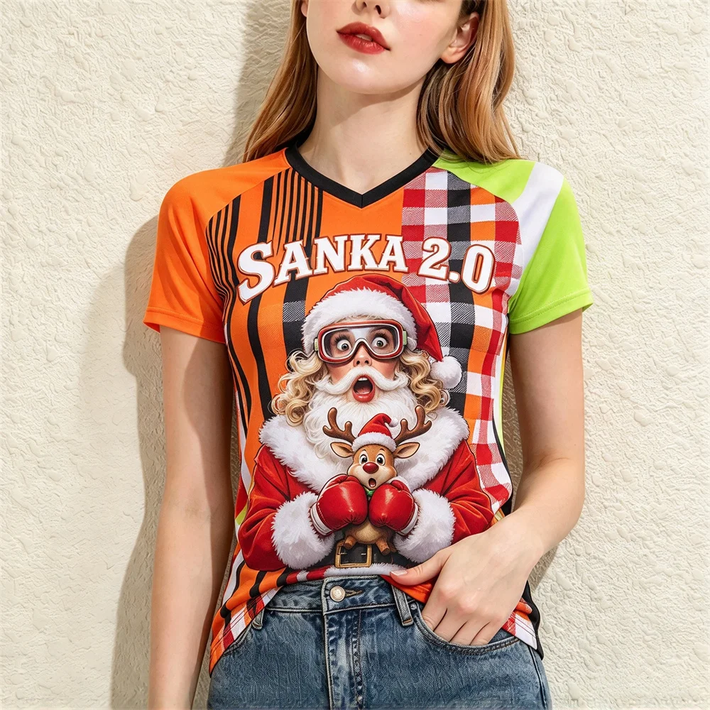 Women Funny Christmas V Neck T-shirt 3D Cartoon Santa Claus Graphic Plaid Short Sleeve Tee Women's T-shirt Party Tops For Ladies