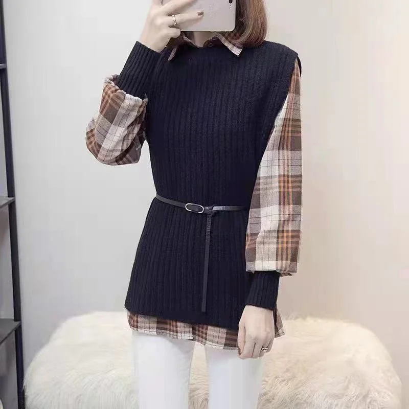 Autumn Winter Women Vintage Plaid Polo Shirts Knit Vest Two-piece Suits Top Lady Falls Casual Sleeveless Sweater Blouse Outfits