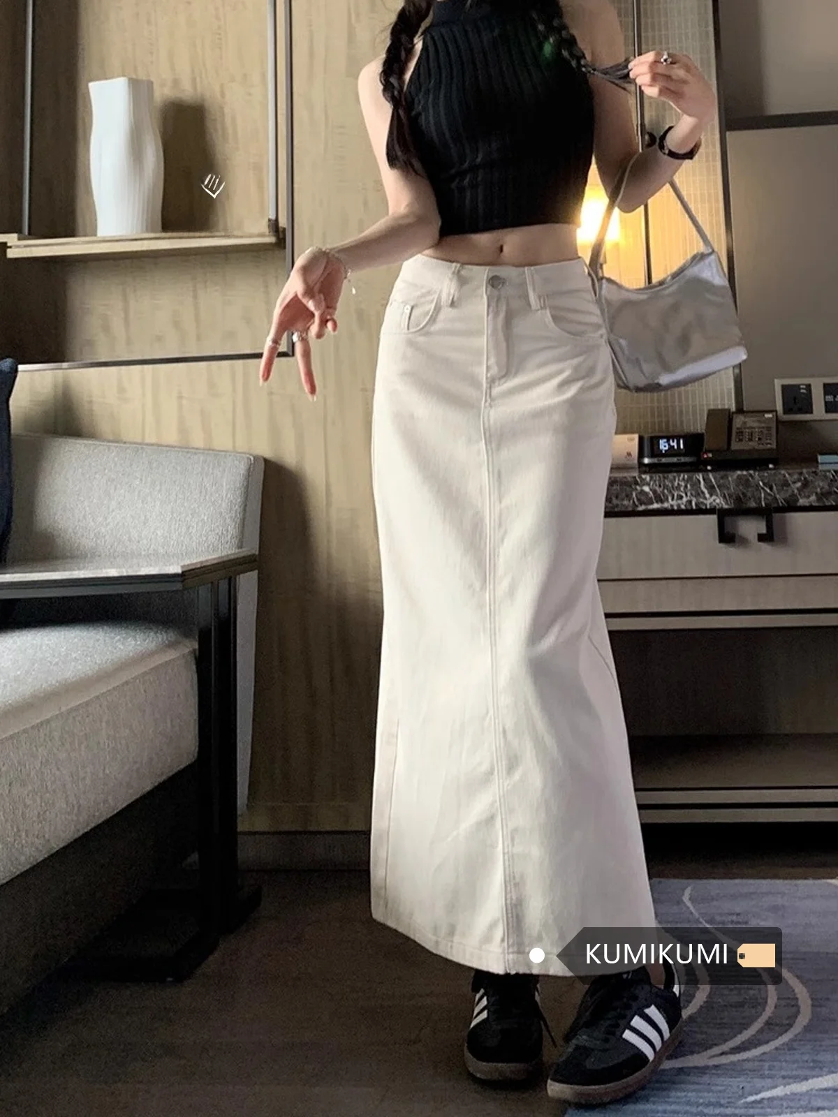 

White High Waist Slit Denim Skirt Women's Dr Slimming Bodycon Long Skirt Korean Sle Commute Pure Color A-Line