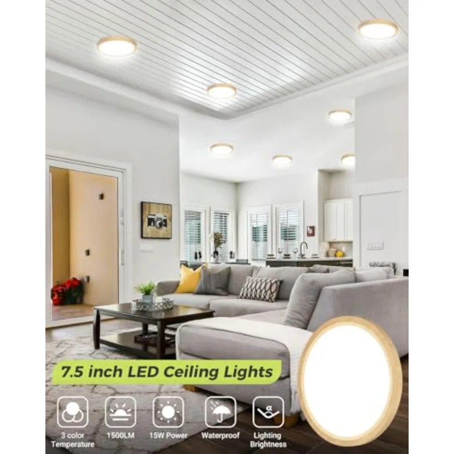 6PACK Flush Mount Ceiling Light Fixtures - 3000K-4000K-6500K and 100W Equivalent Flat Led Lights for Room Ceiling7.5Inch Ultra