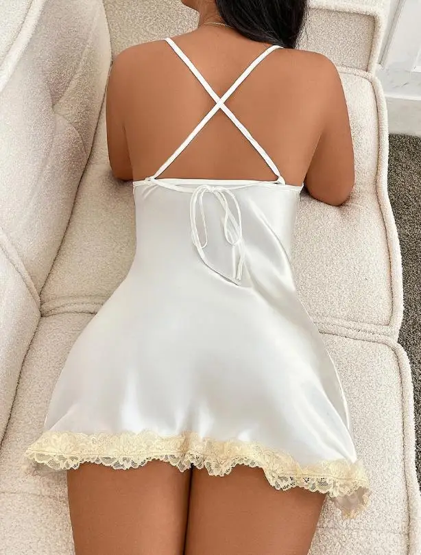 

Womens Dresses 2025 Summer Solid Color Sexy Lace Patchwork V-Neck Sleeveless Backless Casual Lace Up Camisole Nightgown Dress