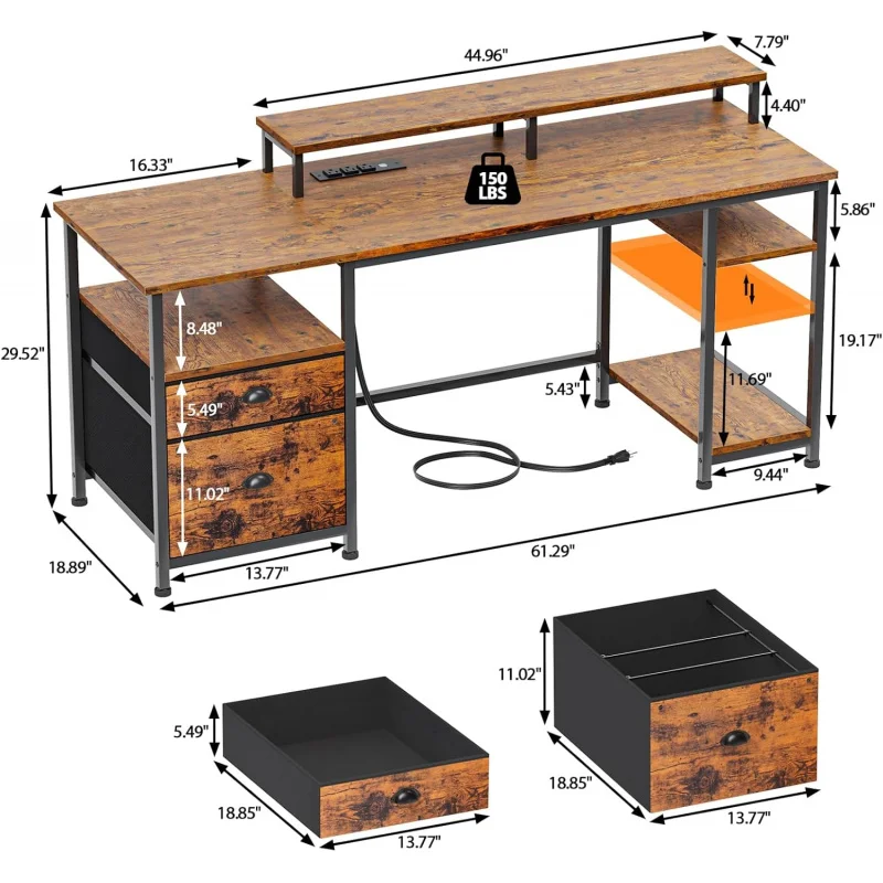 61 Computer Desk with Power Outlet and LED Lights, Desk with Fabric File Cabinet Drawer, Large Reversible Table with Shelves an