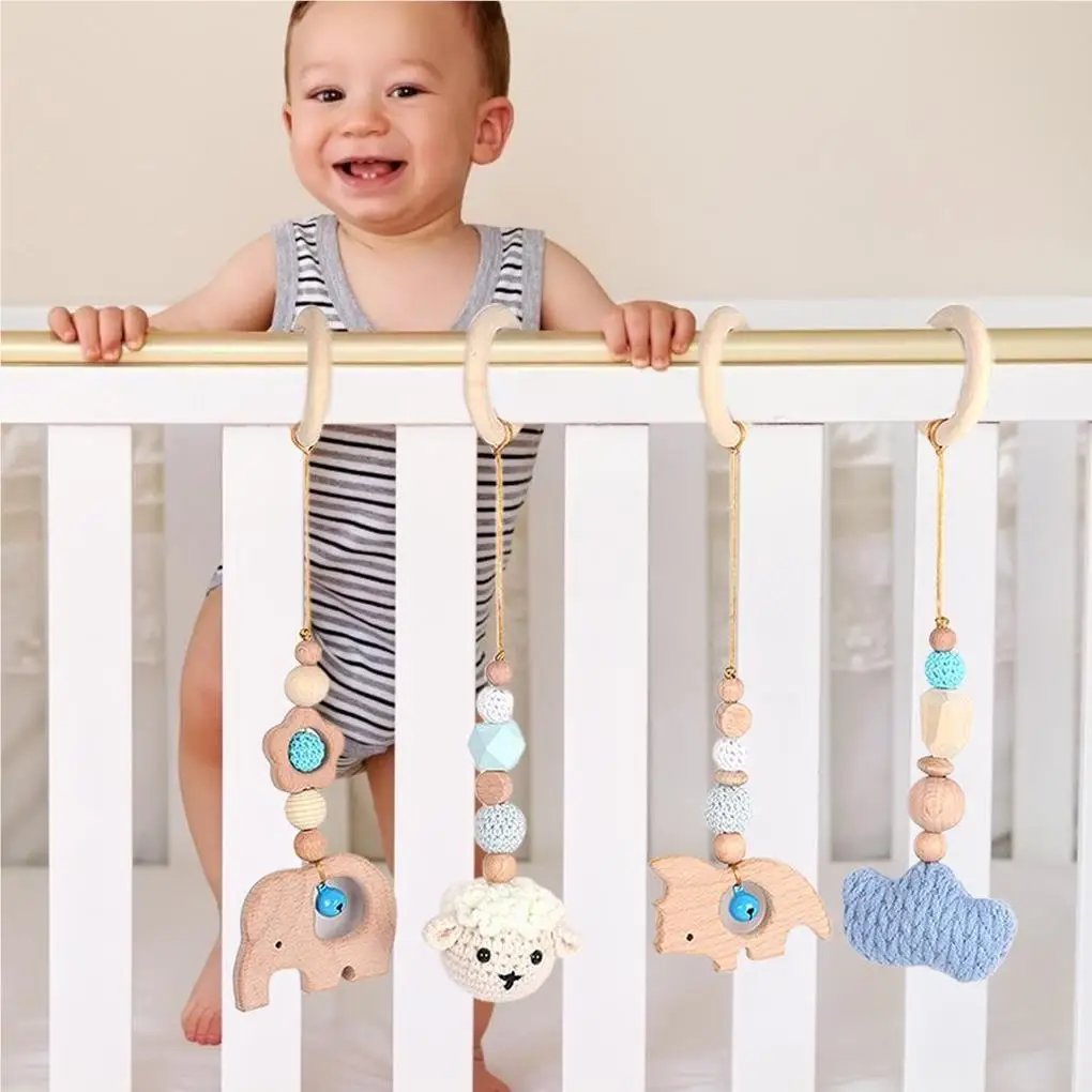 4Pcs Lovely Wood Play Lightweight Removable Teething Ring Wear-resistant Smooth Surface Baby Gym Toy for Kids Children