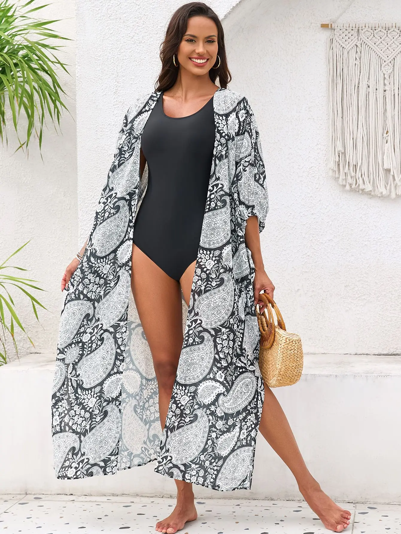 Beach Kimono Cardigans for Women Open Front Swimsuit Cover Up Graphic Print Bathing Suit