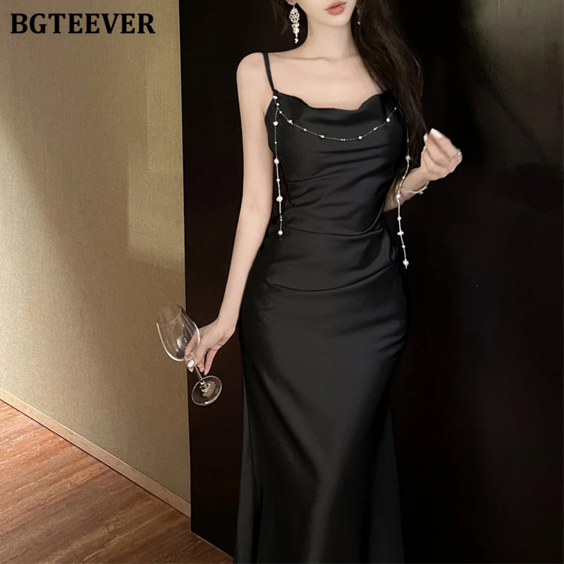 BGTEEVER エレガントなスパゲッティストラップレディーススキニーボディコンサテンドレス夏のヴィンテージスリムウエスト女性ノースリーブパッケージヒップドレス