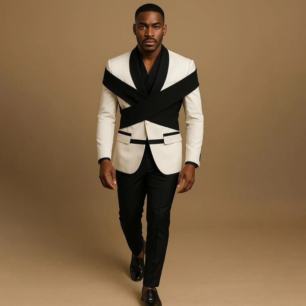 Elegant Men's Suits 2 Piece Jacket Pants Full Sets Luxury Single Breasted Shawl Lapel Slim Fit Male Clothing High Quality Blazer