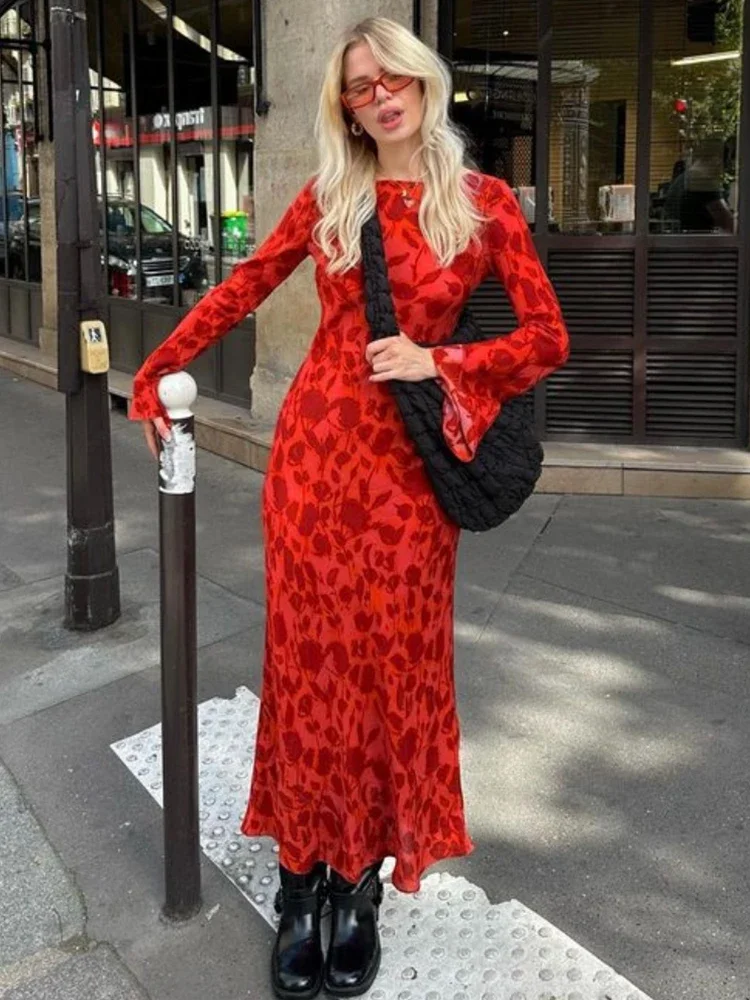 

Rose Print Long Sleeve Dress Spring Summer Women's Dress Casual Beach Style Party Maxi Vestidos Long Vacation Dress 2024 New
