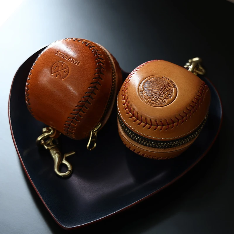 Handmade Leather Baseball Key Holder Bag Earphone Case Coin Purse