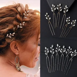 6PCS U Shape Bridal Crystal Hairpins Wedding Headpiece Silver Gold Color Pearl Hair Pins Rhinestone Wedding Hair Accessories