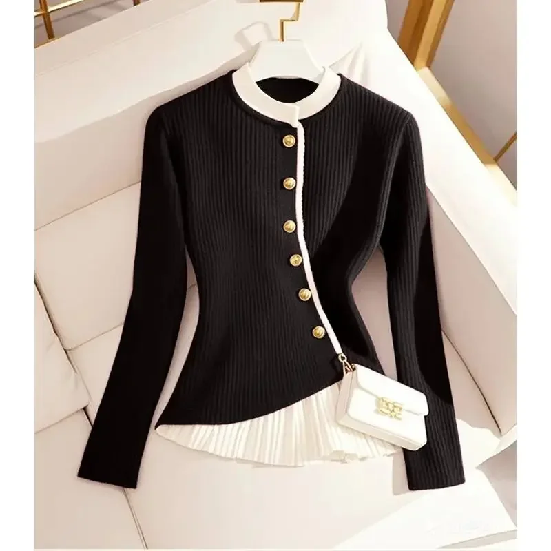 Jesień Zima Elegancki Szyk Patchwork Miękka Wełna Smukłe Swetry Odzież Damska Moda O-neck Długi Rękaw Dzianinowy Kardigan