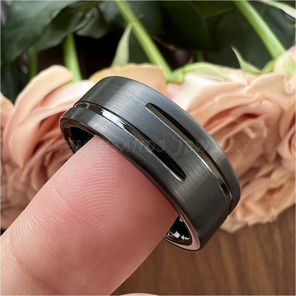 8 mm Wolframkarbid-Modeschmuck, Verlobungsring, Ehering, flach gerillt, gebürstete Oberfläche, bequeme Passform – Detail 9