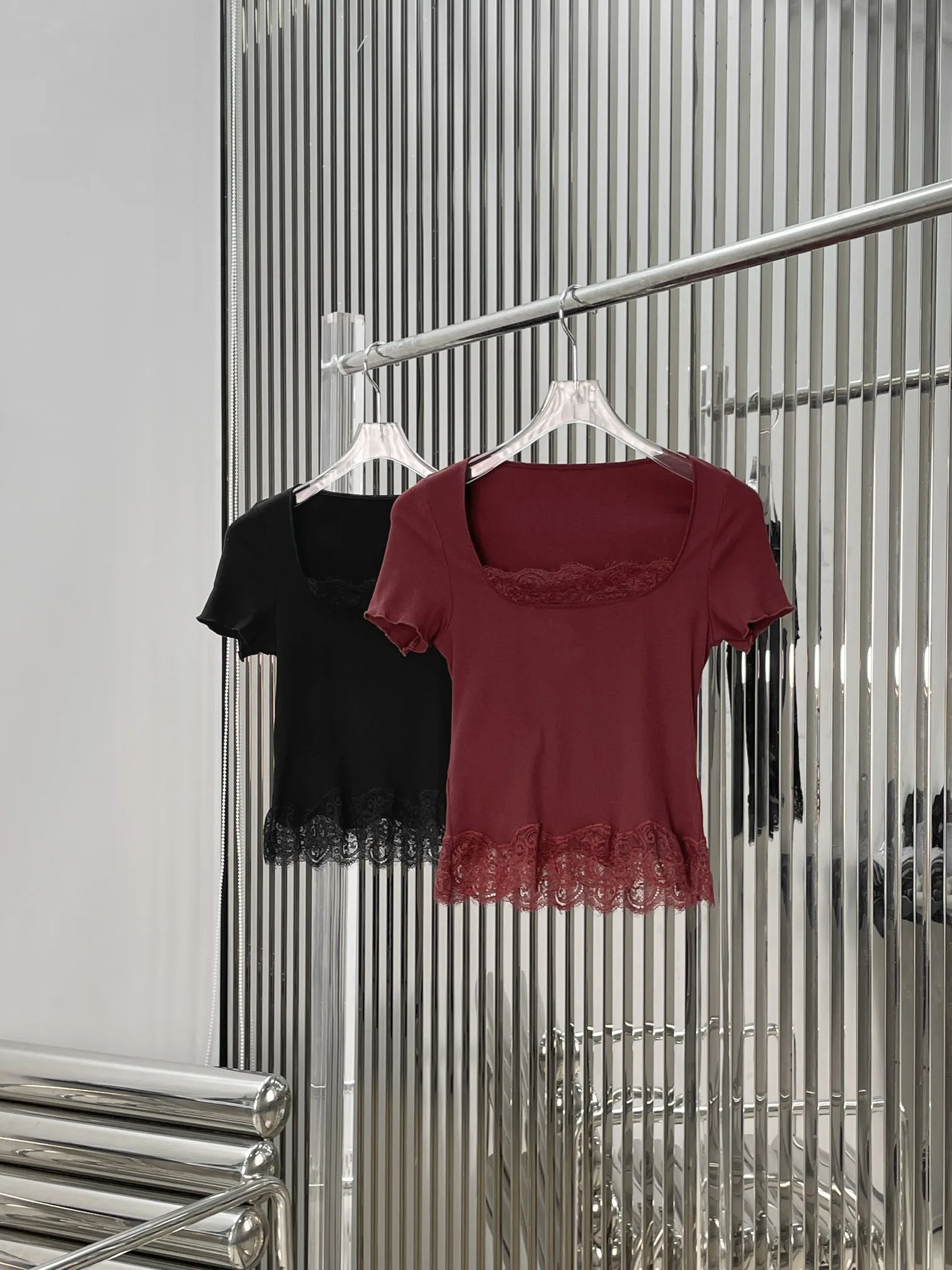 

Slim Fit Short Sleeve Knitted Top Women's Fashionable Lace Splice Square Collar High Quality Commute Style Color