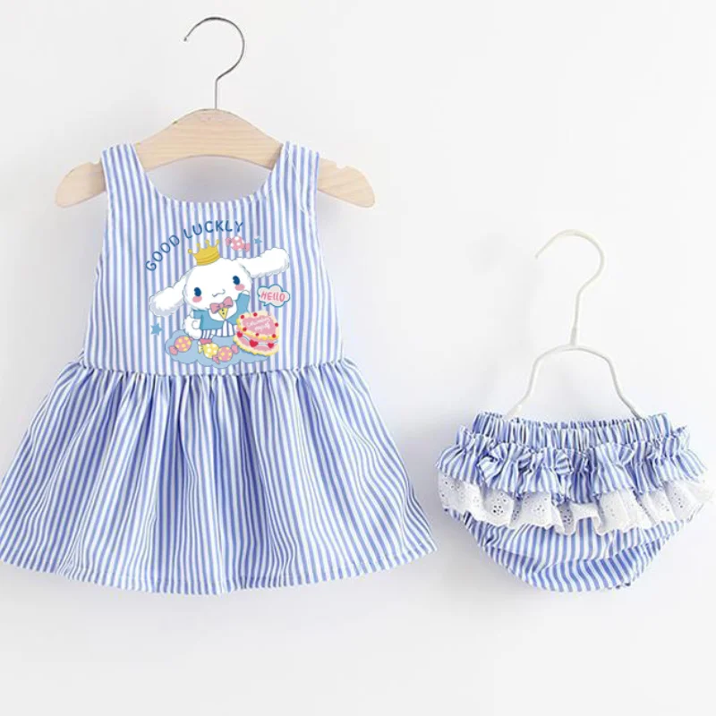 Sanrio-Conjunto de Vestido con tirantes para niñas, conjunto de dos prendas con lazo en la espalda, vestido Halter para bebé, pantalones PP, Hello Kitty Cinnamoroll My Melody