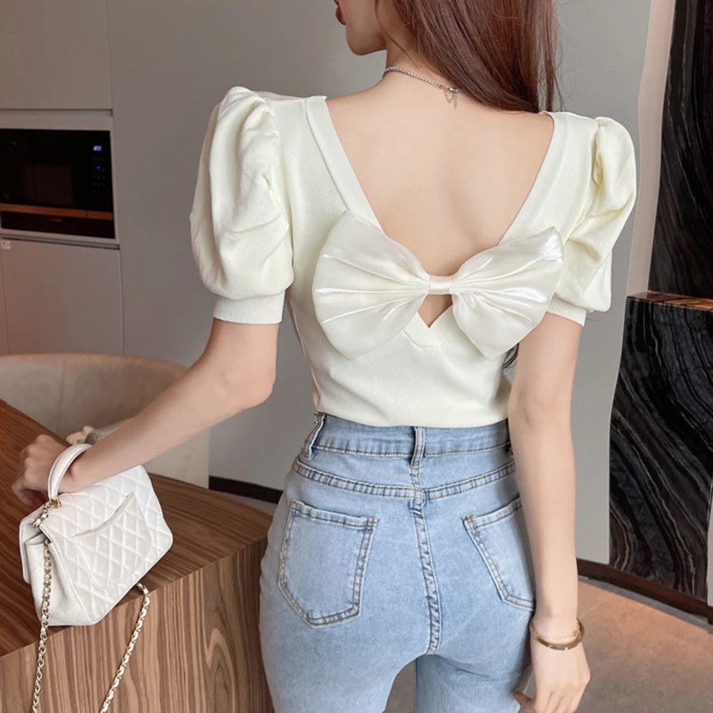 Korean Style Elegant T-shirt For Women 2024 New Summer Color Contrast Sexy Backless Bow Tops Ladies Black Slim Short Sleeved Tee