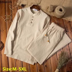 2024 Chinese Style Cotton Linen Casual Suits Spring Autumn Men's Long-sleeved Shirt and Pants Two-pieces Fashion Men Sets M-5XL