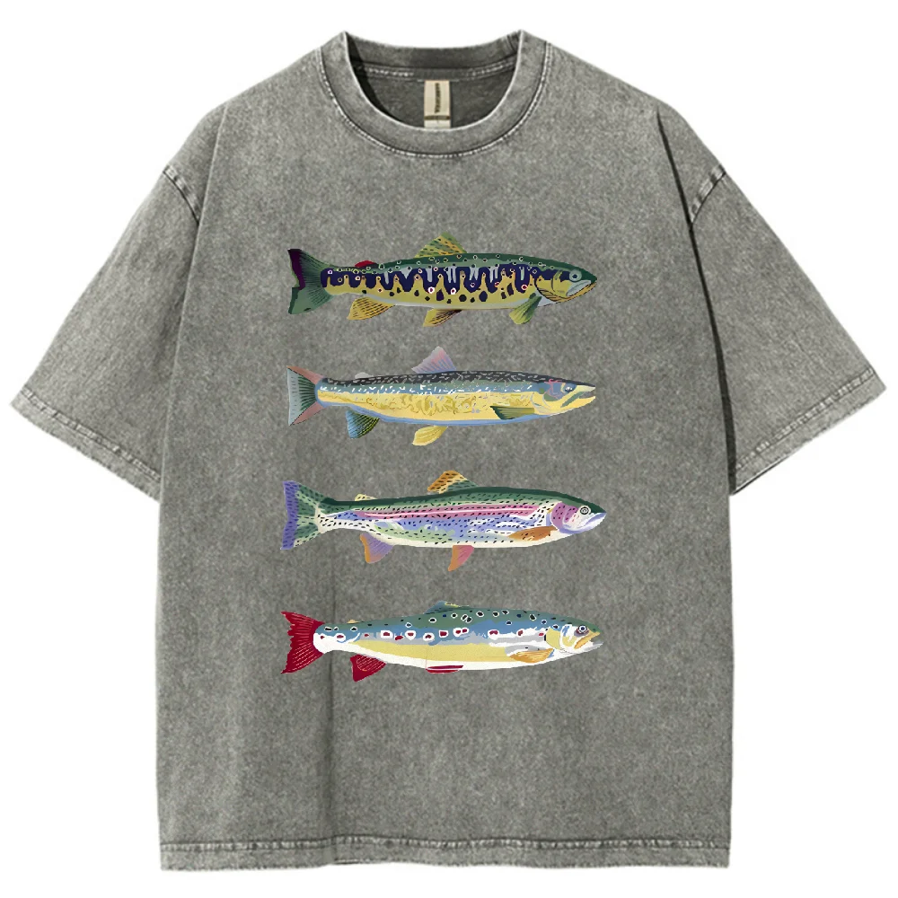 

Красочная футболка с рисунком форели и рыбы, большие винтажные потертые повседневные хлопковые свободные футболки в стиле Харадзюку, уличная модная удобная одежда