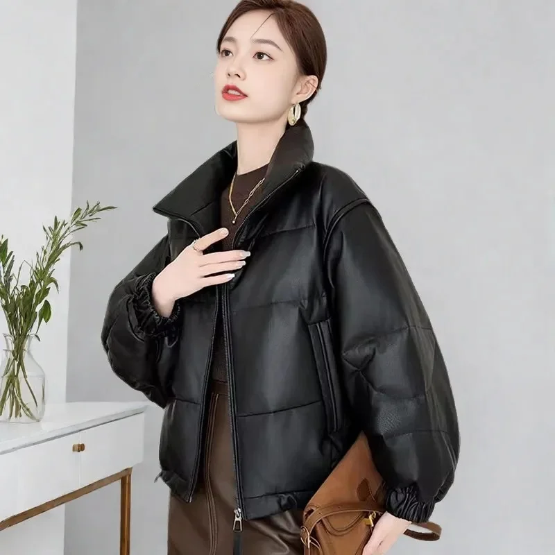 Jaket Parka Wanita Korea Ukuran Besar 5XL 2025 Kerah Tegak Kulit PU Jaket Puffer Musim Dingin Wanita Kulit Katun Tebal
