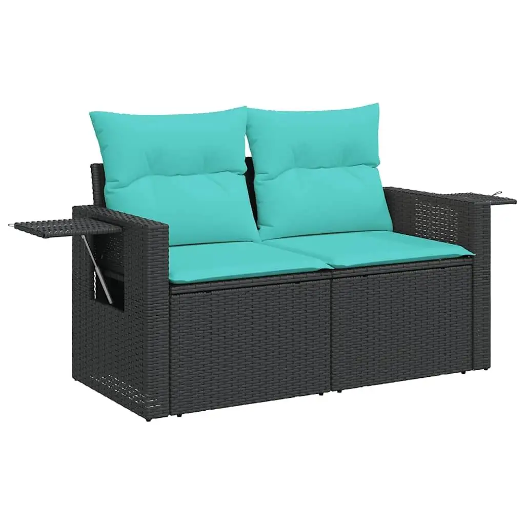 Set Sofa Teras Luar Ruangan 9 Buah dengan Bantal Furnitur Rotan Hitam Tahan Air untuk Balkon Taman dan Tepi Kolam Renang