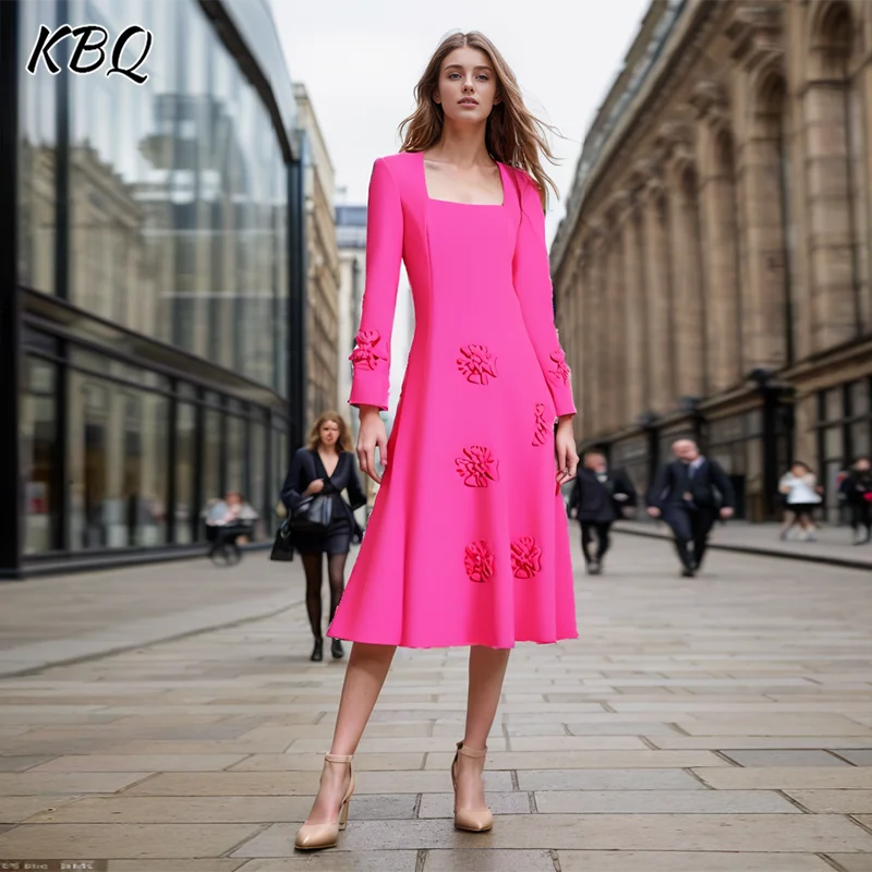 

KBQ Elegant Patchwork Appliques Slimming Dresses For Women Square Collar Long Sleeve High Waist Spliced Zipper Dress Female New