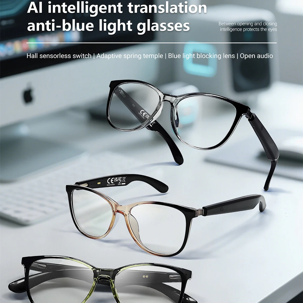 Nouvelles lunettes intelligentes AI traduction 100 + langues faire recevoir des appels musique appel réduction du bruit lumière BT TWS lunettes hommes femmes