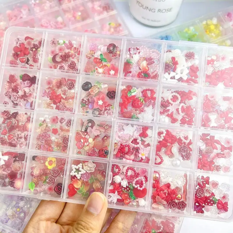 

1Box Random Mixed Colored Flowers Bows Nail Charms Cartoon Sausage Mouth Cute Rabbit Pig Resin Nail Art Decorations for DIY Nail