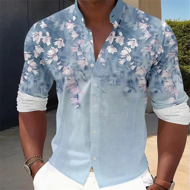 2026 New Men's Stand Collar Shirt, Gradient Floral Print Long Sleeve Shirt, Fashionable Casual Vacation Shirt, Sizes XS-6XL