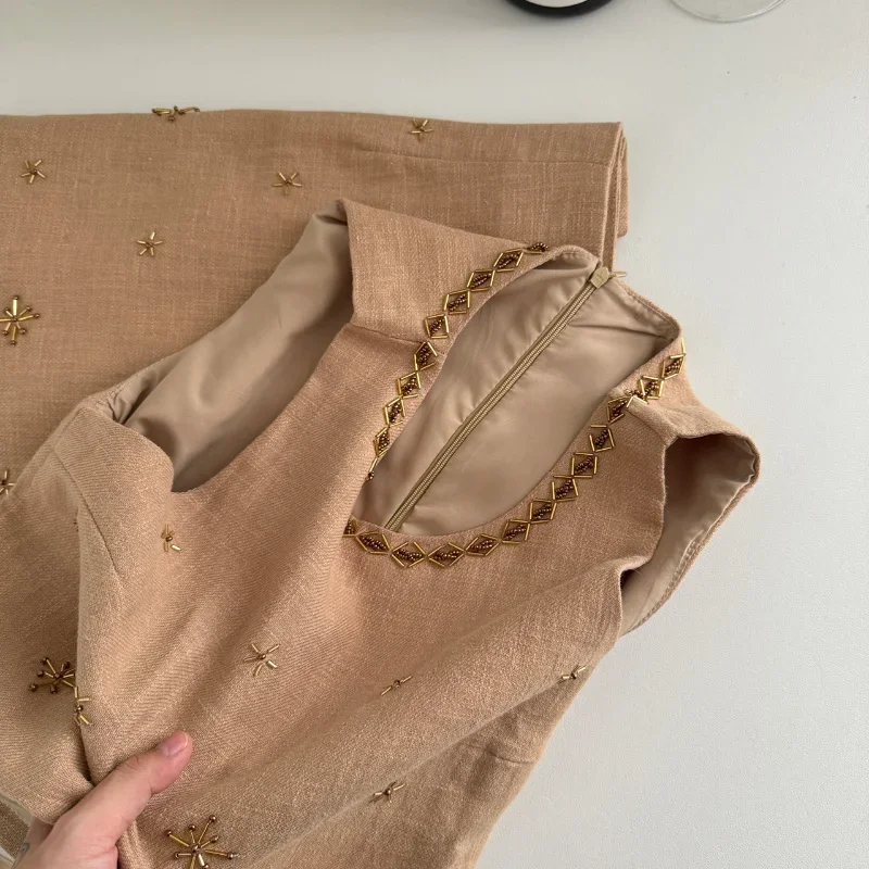 女性用ノースリーブカーキスーツセット,ベスト,ミニスカート,シンプル,シック,ビーズ,フレンチ,ソフト,フレンチ,2ピース,韓国