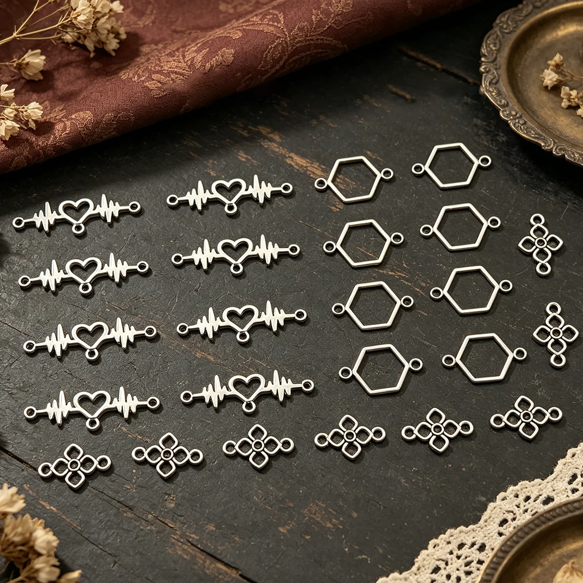 24-Piece Set of DIY Handmade Accessories, Including Heart-Shaped Ecg Designs, Hollow Hexagons, and Four-Petal Flower Double Pendant Connectors, Suitable for DIY Bracelets, Necklaces, Earrings, Pendants, and Handmade Beaded Decoration Accessories