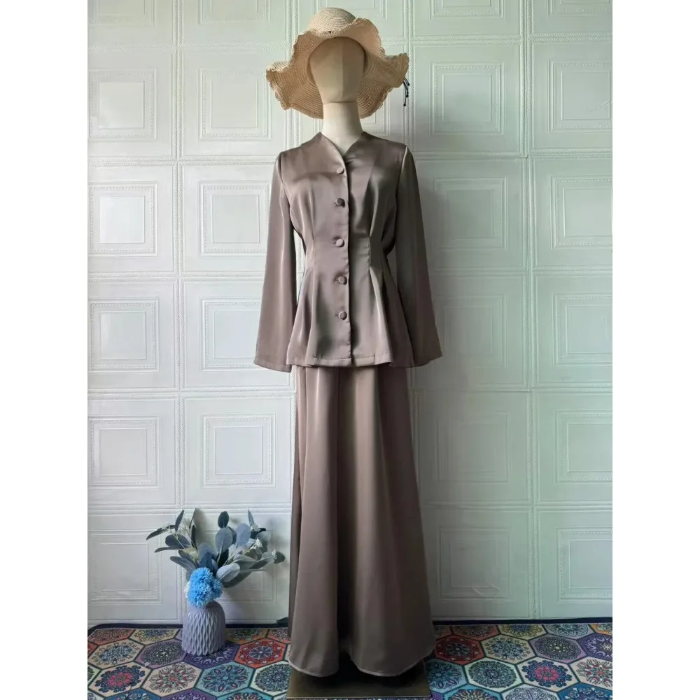 Elegant Office Lady Spring 2025 Women Two Piece Skirt Sets Trumpet Slim Fit Solid Full Sleeve V Neck Tight Waist Button Coats