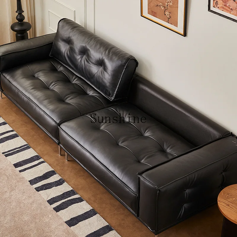 

Medieval style, French style, oil wax leather sofa small apartment black straight row, simple and modern