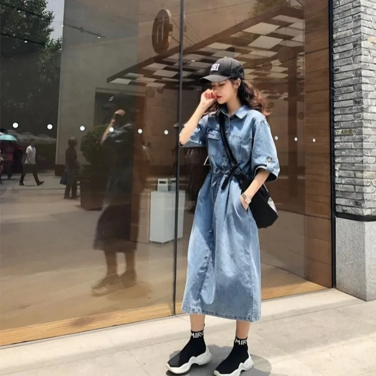 Vestido Vaquero Nuevo de 2023 para Mujer, Estilo Dulce, Línea A, Falda Larga, Cintura Elástica de Aodón, Vestido Midi Ade...