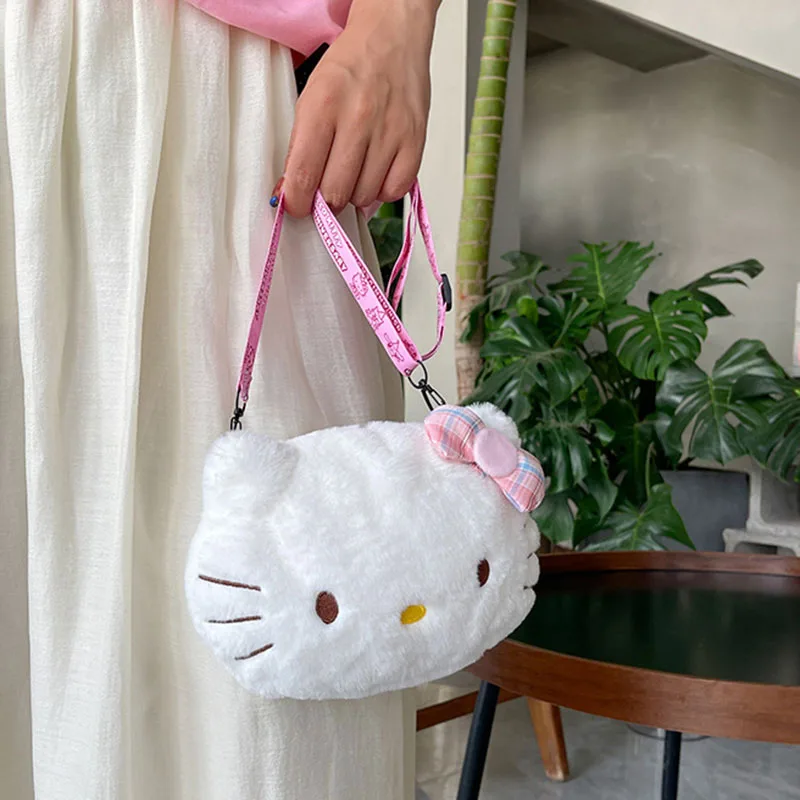 New Kawaii Plush Mini Bags Sanrio Hello Kitty Women\'s Singles Shoulder Bag Bow Plush Girls Handbag White Cat Doll Messenger Bags