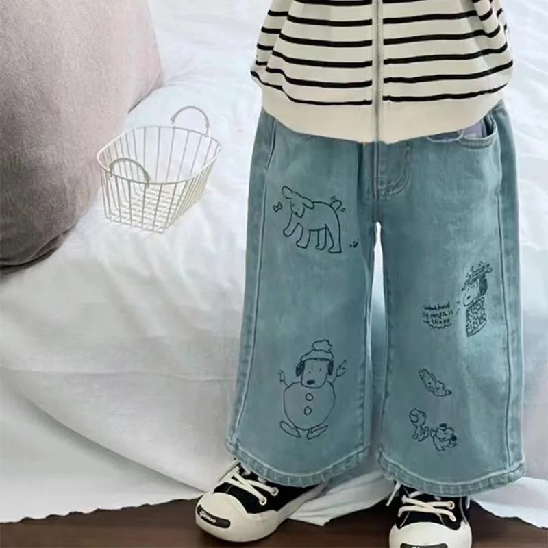 

2025 New Autumn Girls' Cartoon Animal Pattern Small Fresh Straight Leg Elastic Waist Jeans