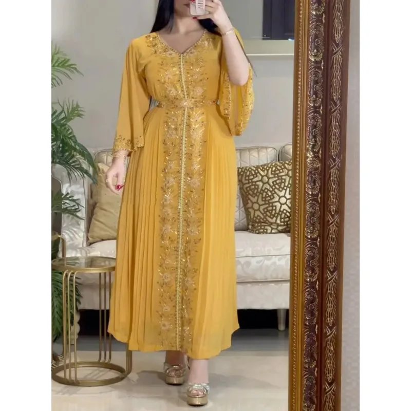 Yellow Kaftan Robe Middle Eastern Embroidery Sewn Diamond Evening Dress