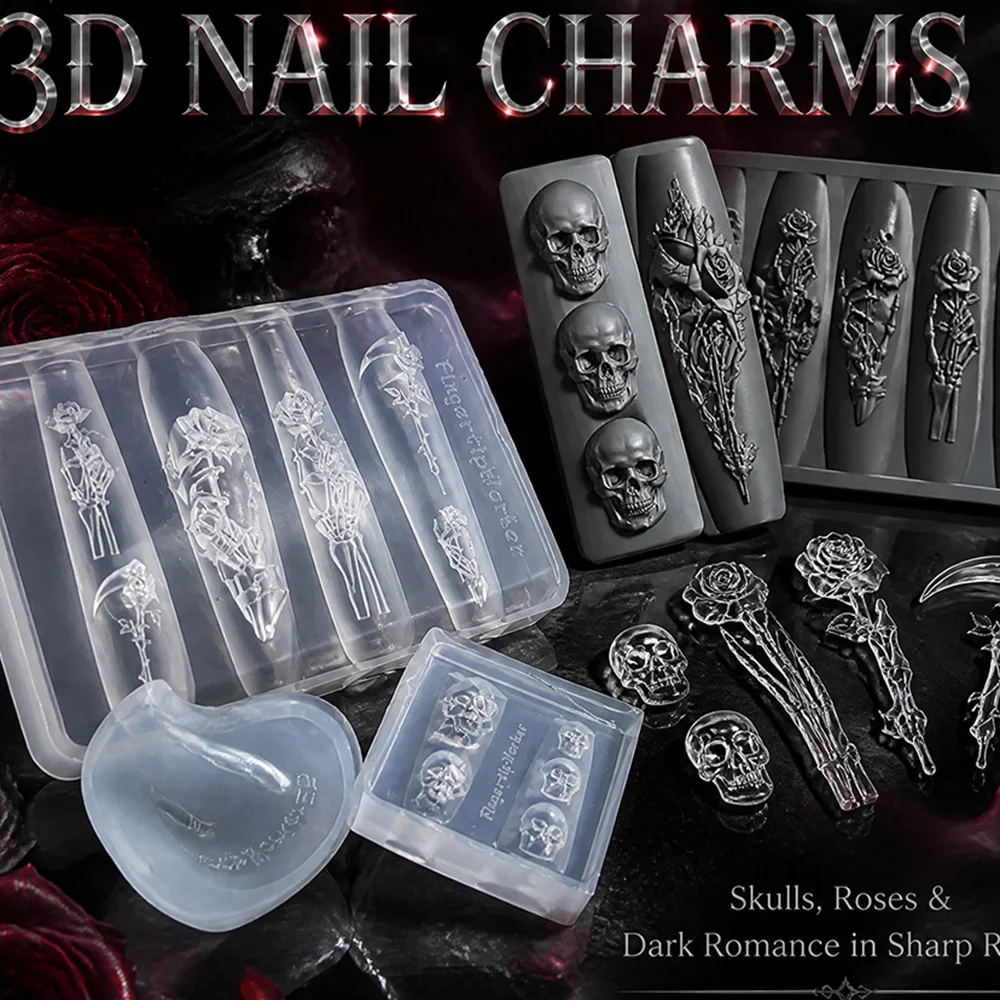 2Pcs Set Dark Rose Skull Silicone Nail Art Mold Gothic 3D Carving Template for Resin Nail Charms Vintage Floral Skeleton Decor view 6