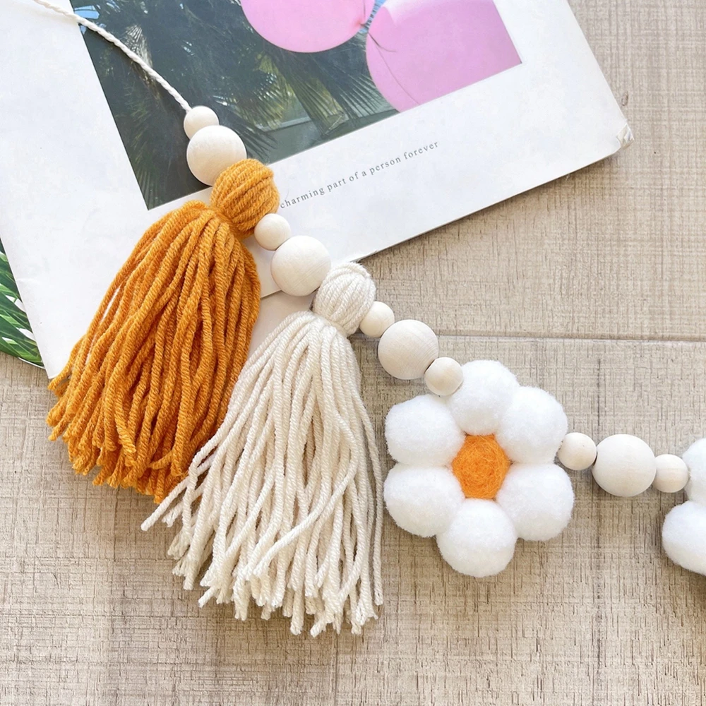 Boho Tassel Garland with Wooden Beads Daisy Birthday Party Banner for Farmhouse Wall Mantel High Chair Photo Prop Home Decor