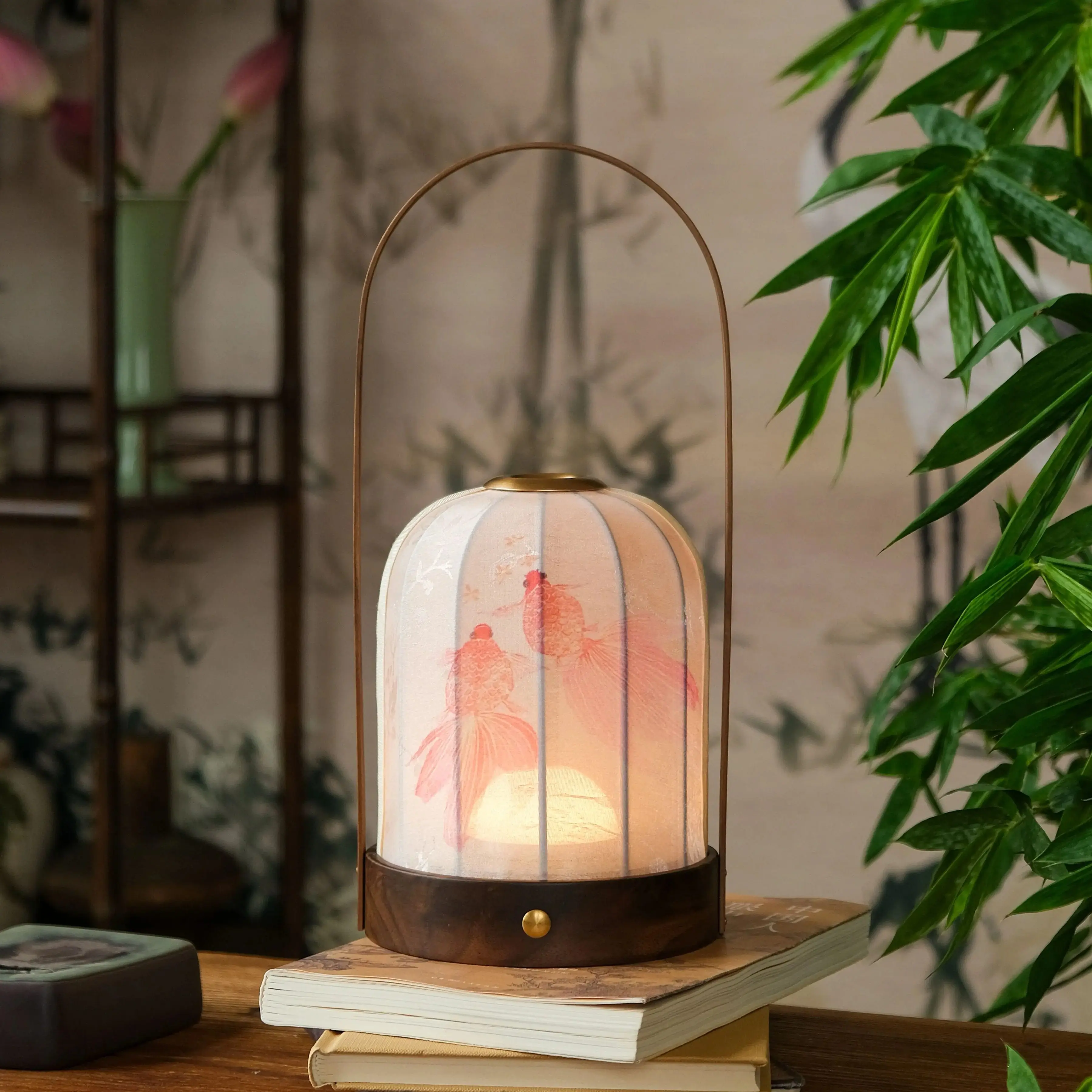 Chinese Aesthetic Walnut Handheld Fish Playing Lotus Touch Atmosphere Light Koi Fish Lifting Beam Light