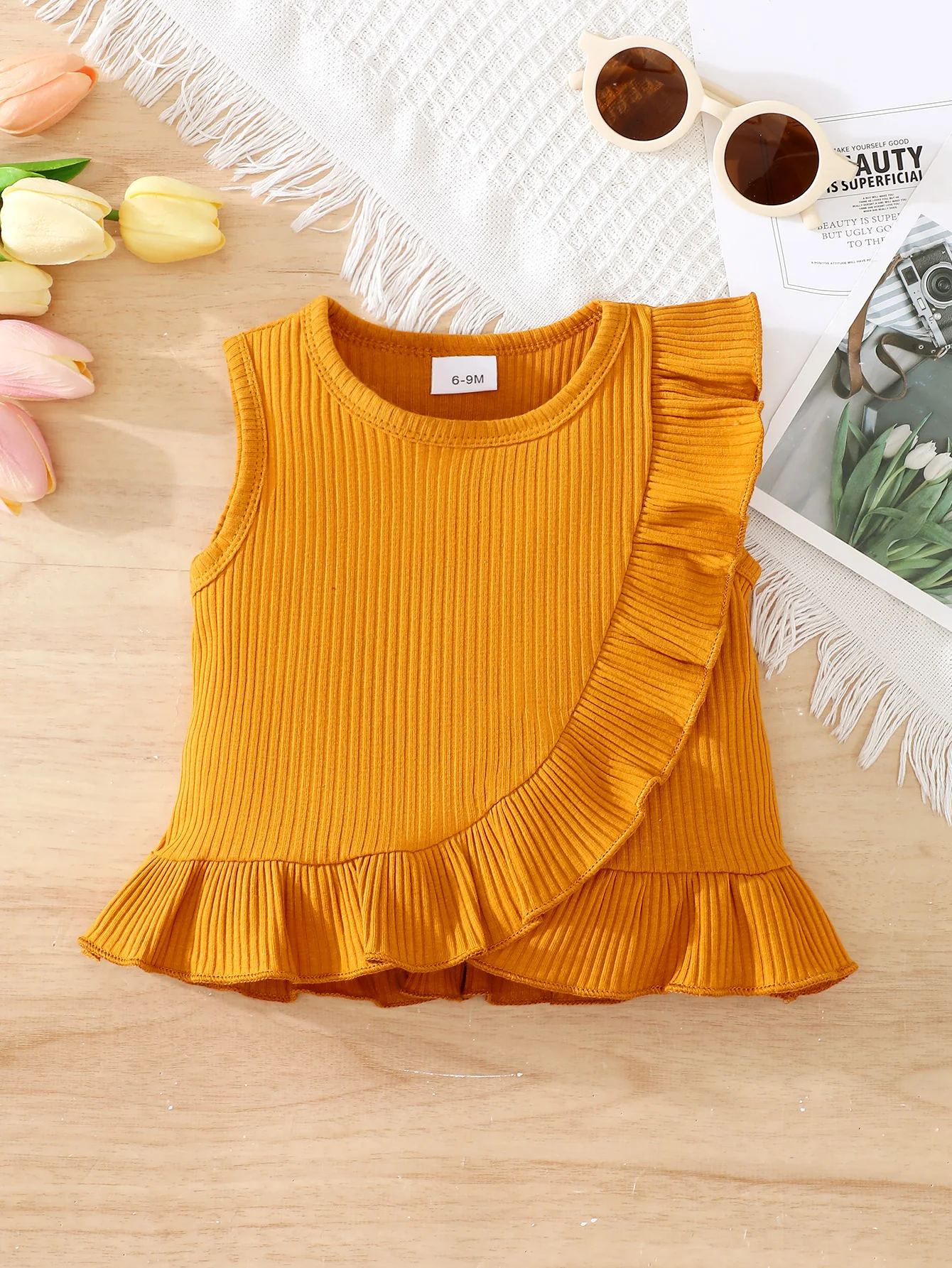 Fashionable Baby Girl Summer Round Neck Single Piece Cute Wooden Ear Edge Clothing