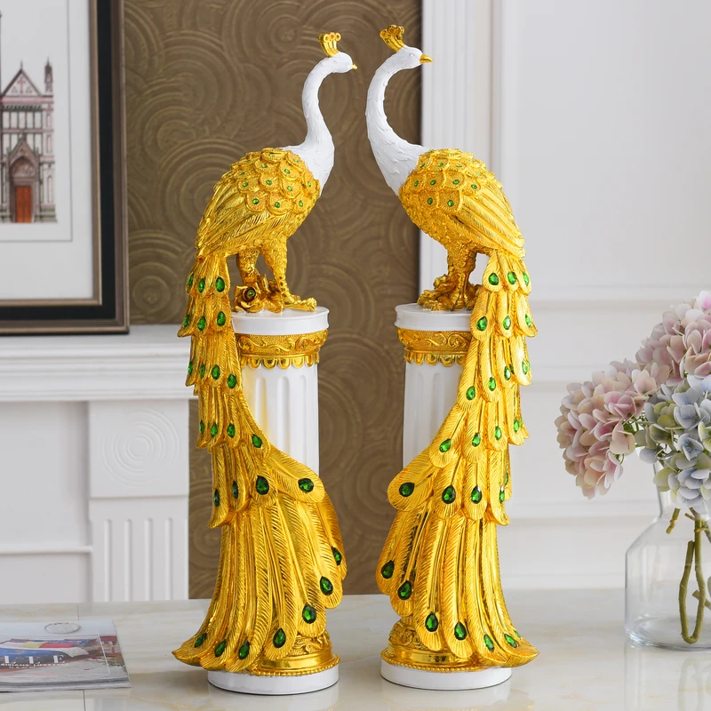 Nordic Luxury Peacock Pillar Resin Statue Accessories Home Livingroom Sculpture Ornaments Villa Hotel Office Figurine Decoration