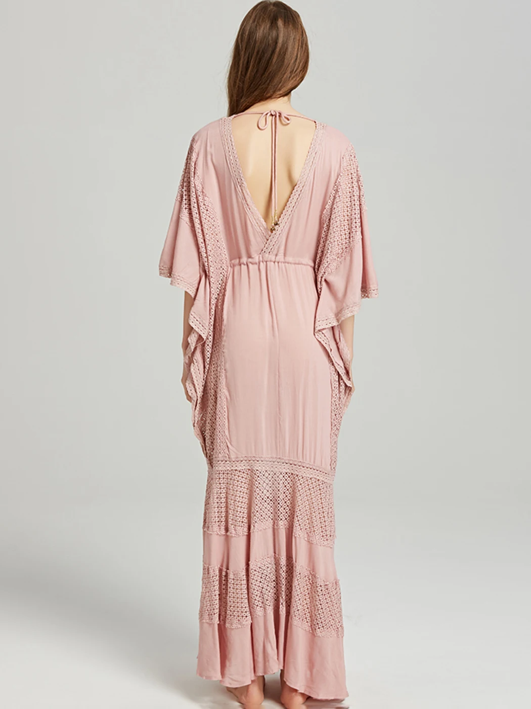 Jastie Boho Maxi vestido de verano para mujer, manga de murciélago hueca, cuello en V, vestidos sueltos con cordón, Color sólido, bata turca informal de playa