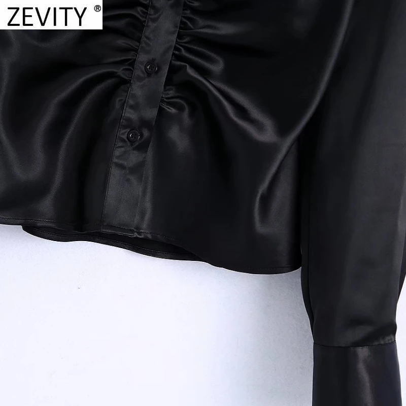 Zevity Women Elegant Pleated Design Black Satin Slim Blouse Office Ladies Single Breasted Shirts Chic Chemise Blusas Tops LS9724