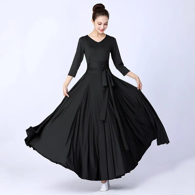 One-piece Flamenco Skirt Dance Costumes Solid Color Big Swing Skirt For Women Spanish Belly Dance Performance Gypsy Clothing