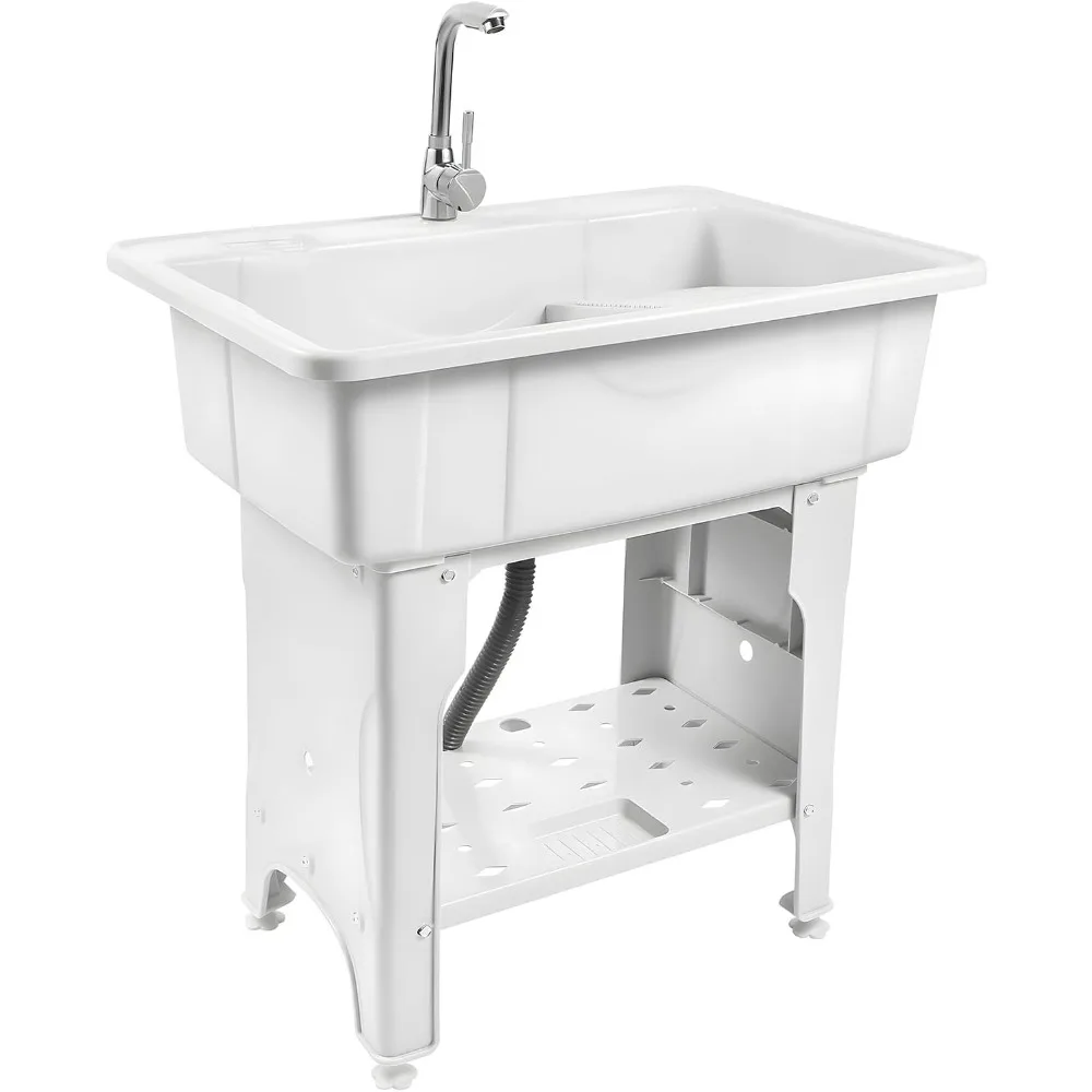 

Utility Sink Laundry Tub, Freestanding Utility Sink,With Hot and Cold Faucet, Valves Drain Pipe, Heavy Duty Slop Sinks For Washi