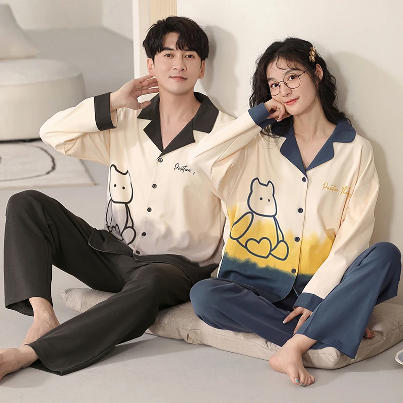 

Newest Couple Pajamas Set Spring And Autumn 100% Cotton Pyjamas M-3XL Long Sleeve Sleepwear Women Men Cute Cartoon Pijama