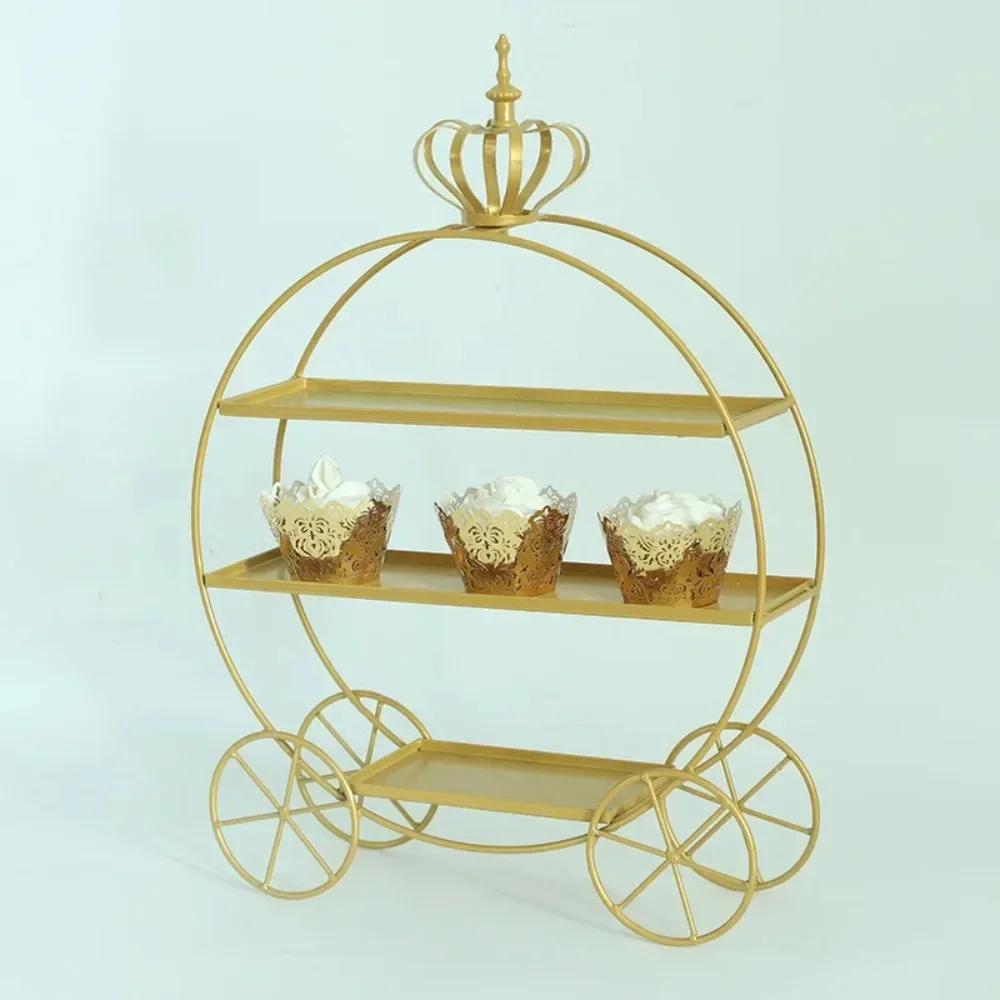 

Golden White Dessert Table Display Double Layer Pumpkin Car Birthday Party Gold Pastry Decoration Shape Cake Rack Wedding