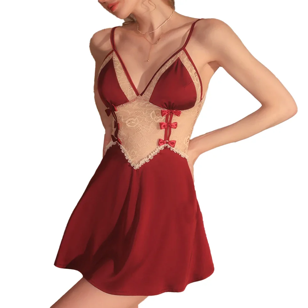 Sweet Backless Women Sexy Private Pajamas Dress Transparent Bikini Bottom Bowknot Lace Perspective Sling Home Wear Nightdress