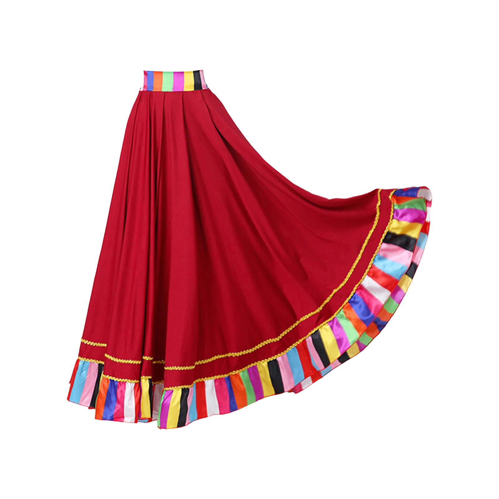 Womens Mexican Flamenco Traditional Dance Skirts Folklorico Tango Dance Performance Costume Wide Hemline Ruffled Skirt 85-95cm