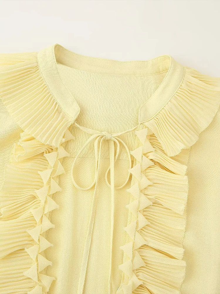 เสื้อผ้าผู้หญิงสไตล์ยุโรปและอเมริกาใหม่แฟชั่นฝรั่งเศสอารมณ์อเนกประสงค์จีบคอวีชีฟองเสื้อแขนยาว