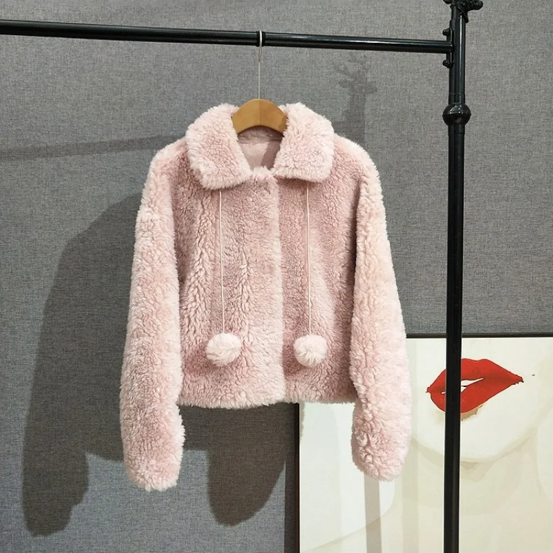สาวน่ารัก Ball ที่ถอดออกได้หนุ่มสไตล์แกะ Shearling Coat ขนสัตว์บริสุทธิ์ขนสัตว์เสื้อแจ็คเก็ตสั้น JT508