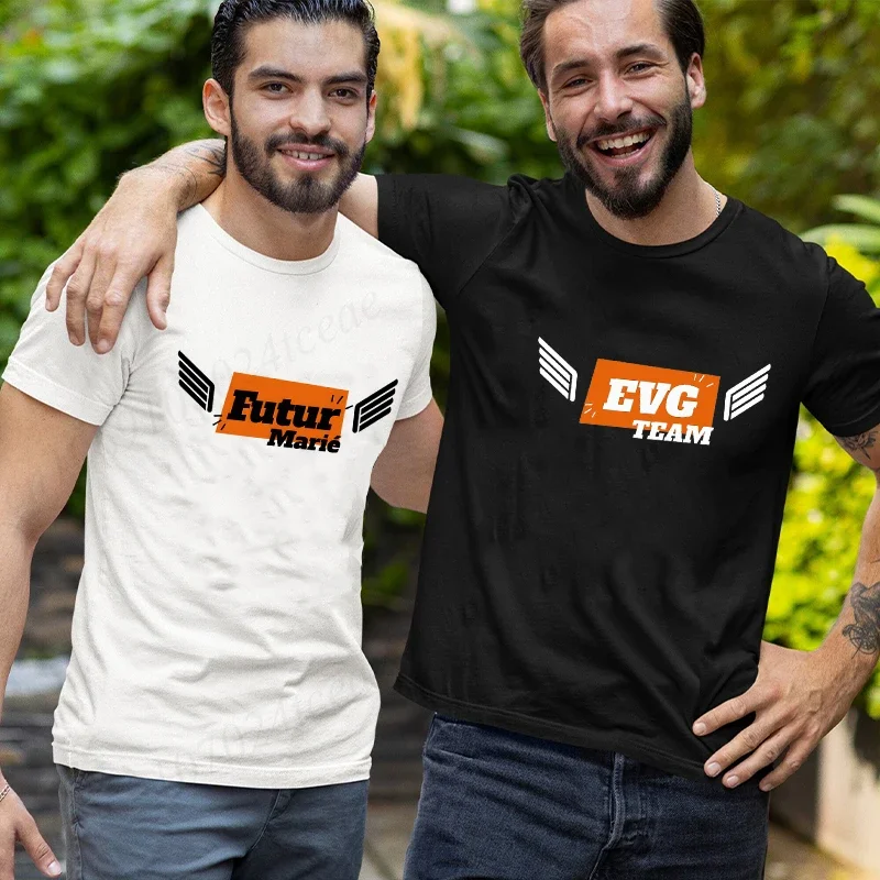 الفرنسية Evg فريق المستقبل العريس رجل تي شيرت صديقها واحد وداع البكالوريوس حفلة فرقة تيز قميص مضحك الجرافيك الزفاف القمم